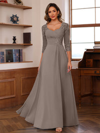 A-Line/Princess V-Neck 3/4 Sleeves Mother of the Bride Dresses with Pleated Lace Appliques