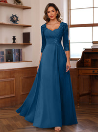 A-Line/Princess V-Neck 3/4 Sleeves Mother of the Bride Dresses with Pleated Lace Appliques