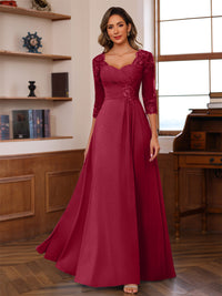A-Line/Princess V-Neck 3/4 Sleeves Mother of the Bride Dresses with Pleated Lace Appliques