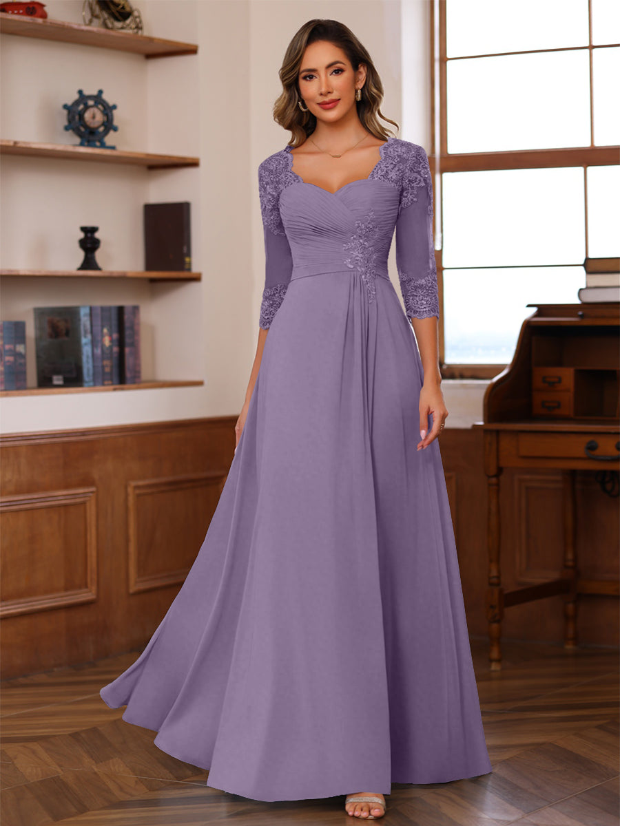 A-Line/Princess V-Neck 3/4 Sleeves Mother of the Bride Dresses with Pleated Lace Appliques