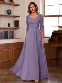 A-Line/Princess V-Neck 3/4 Sleeves Mother of the Bride Dresses with Pleated Lace Appliques