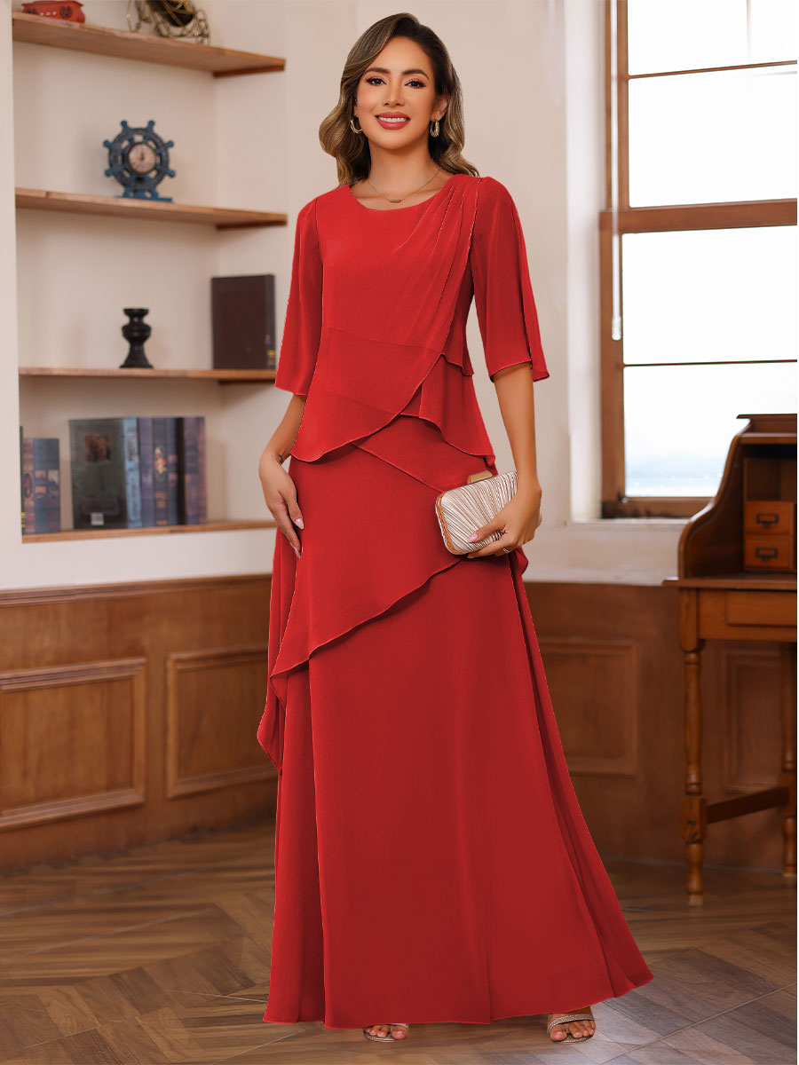 A-Line/Princess Scoop Neck Half Sleeves Mother of the Bride Dresses with Ruffles