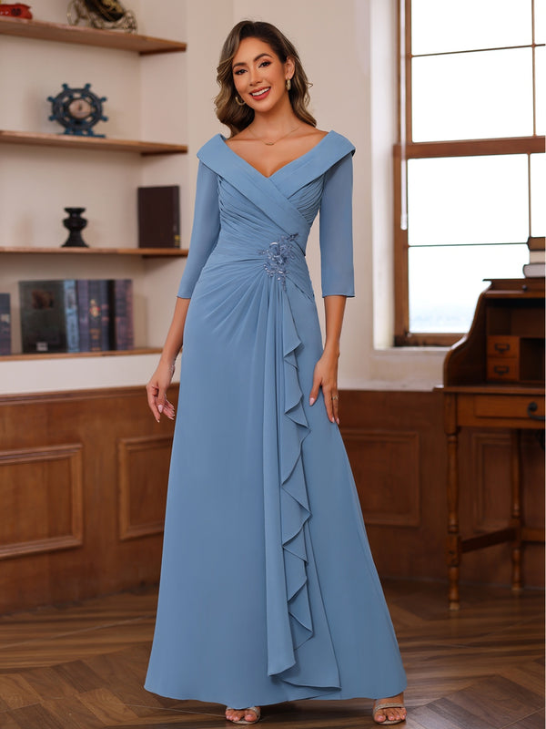 A-Line/Princess V-Neck 3/4 Sleeves Ankle-Length Mother of the Bride Dresses with Pleated Ruffles