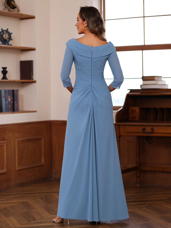 A-Line/Princess V-Neck 3/4 Sleeves Ankle-Length Mother of the Bride Dresses with Pleated Ruffles