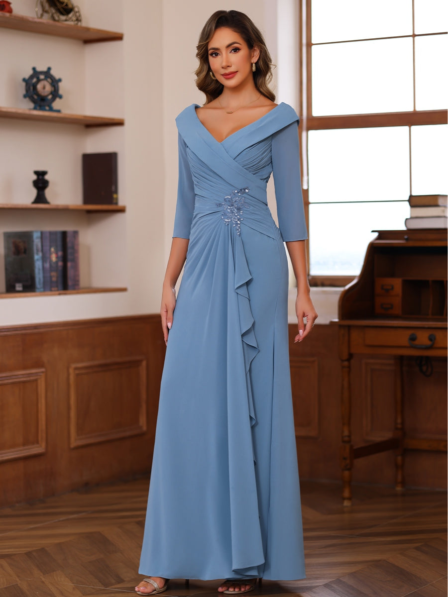A-Line/Princess V-Neck 3/4 Sleeves Ankle-Length Mother of the Bride Dresses with Pleated Ruffles