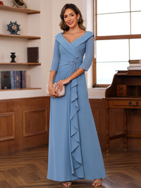A-Line/Princess V-Neck 3/4 Sleeves Ankle-Length Mother of the Bride Dresses with Pleated Ruffles