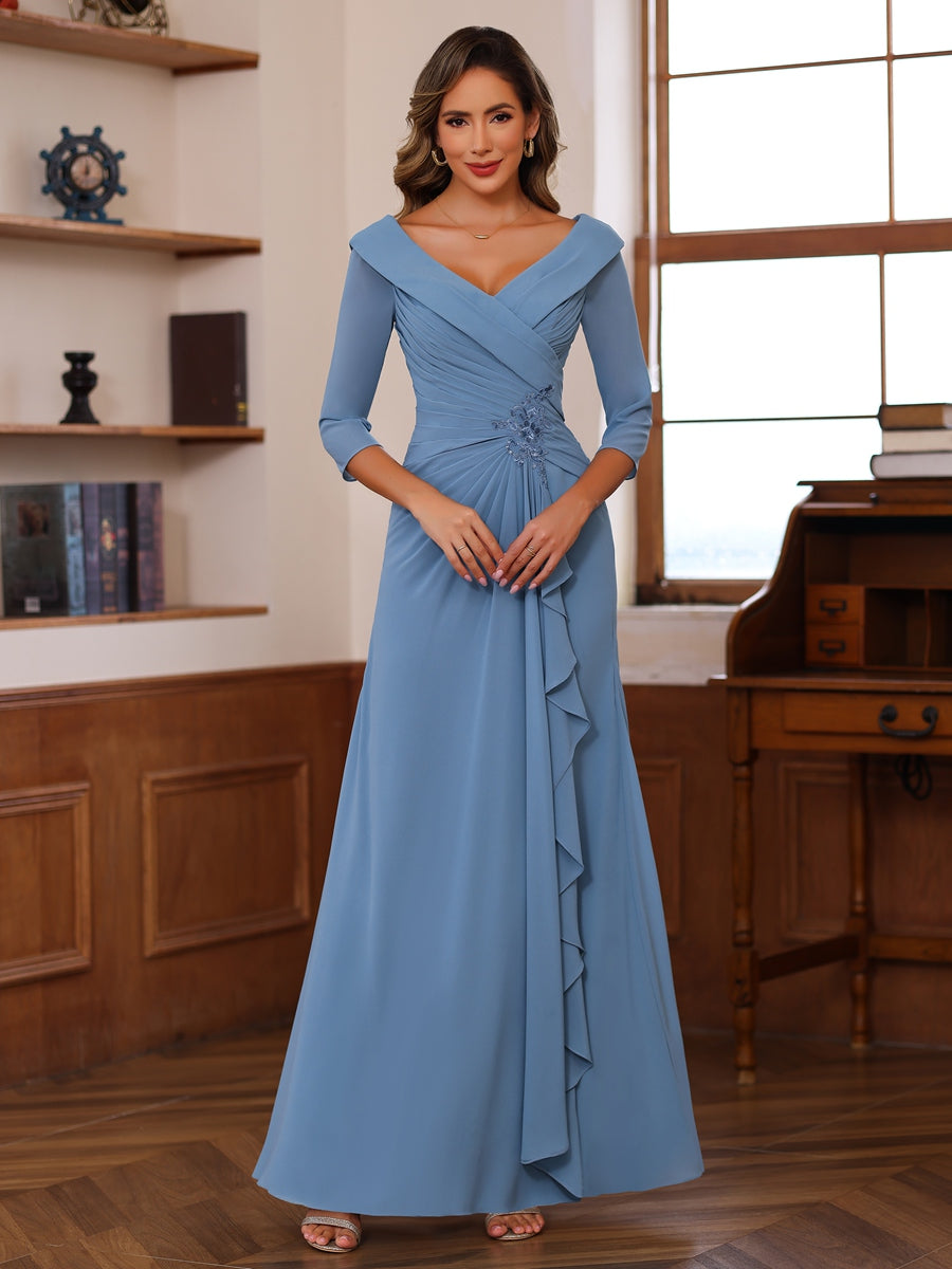 A-Line/Princess V-Neck 3/4 Sleeves Ankle-Length Mother of the Bride Dresses with Pleated Ruffles