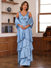 Sheath/Column V-Neck Pleated Floor-Length Mother of the Bride Dresses with Cascading Ruffles