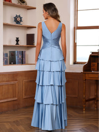 Sheath/Column V-Neck Pleated Floor-Length Mother of the Bride Dresses with Cascading Ruffles