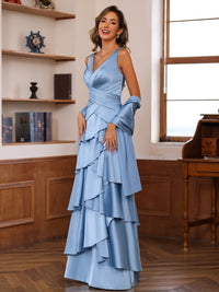 Sheath/Column V-Neck Pleated Floor-Length Mother of the Bride Dresses with Cascading Ruffles
