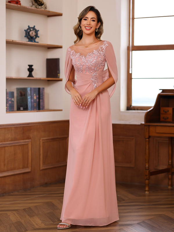 Sheath/Column Pleated Lace Appliques Floor-Length Mother of the Bride Dresses with Cape