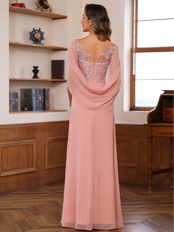 Sheath/Column Pleated Lace Appliques Floor-Length Mother of the Bride Dresses with Cape