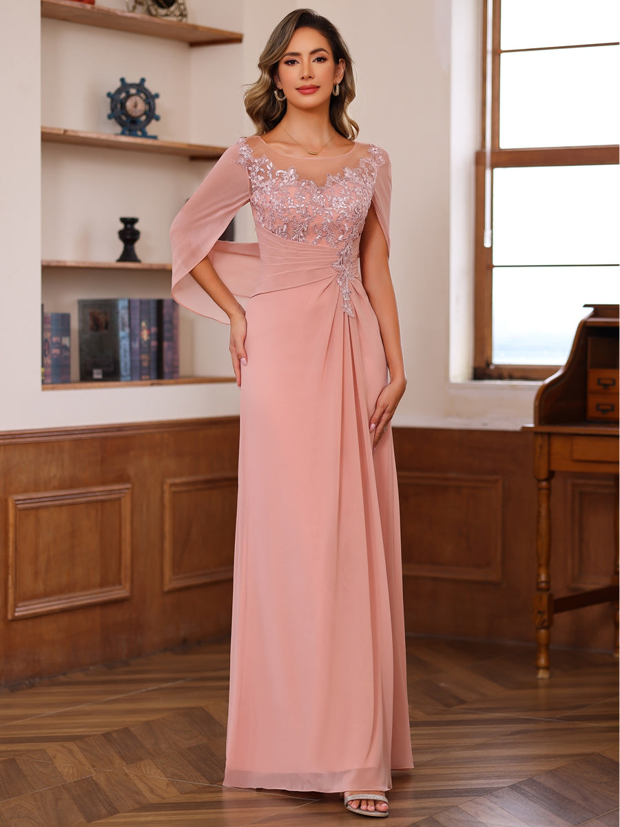 Sheath/Column Pleated Lace Appliques Floor-Length Mother of the Bride Dresses with Cape
