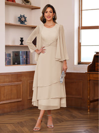A-Line/Princess Pleated Two-Piece Tea-Length Mother of the Bride Dresses with Cascading Ruffles