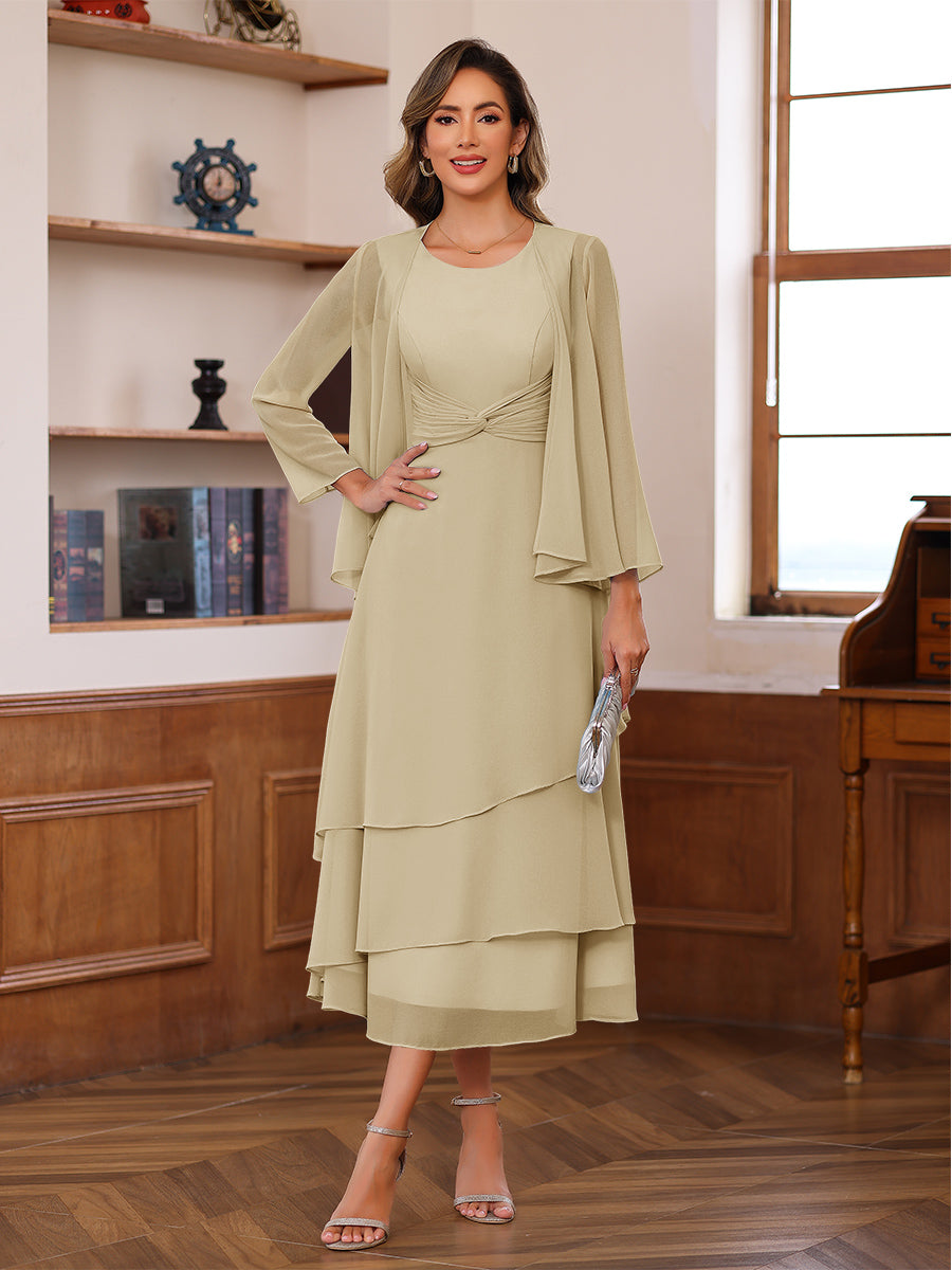 A-Line/Princess Pleated Two-Piece Tea-Length Mother of the Bride Dresses with Cascading Ruffles