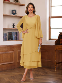 A-Line/Princess Pleated Two-Piece Tea-Length Mother of the Bride Dresses with Cascading Ruffles