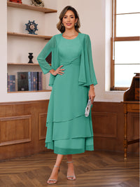 A-Line/Princess Pleated Two-Piece Tea-Length Mother of the Bride Dresses with Cascading Ruffles