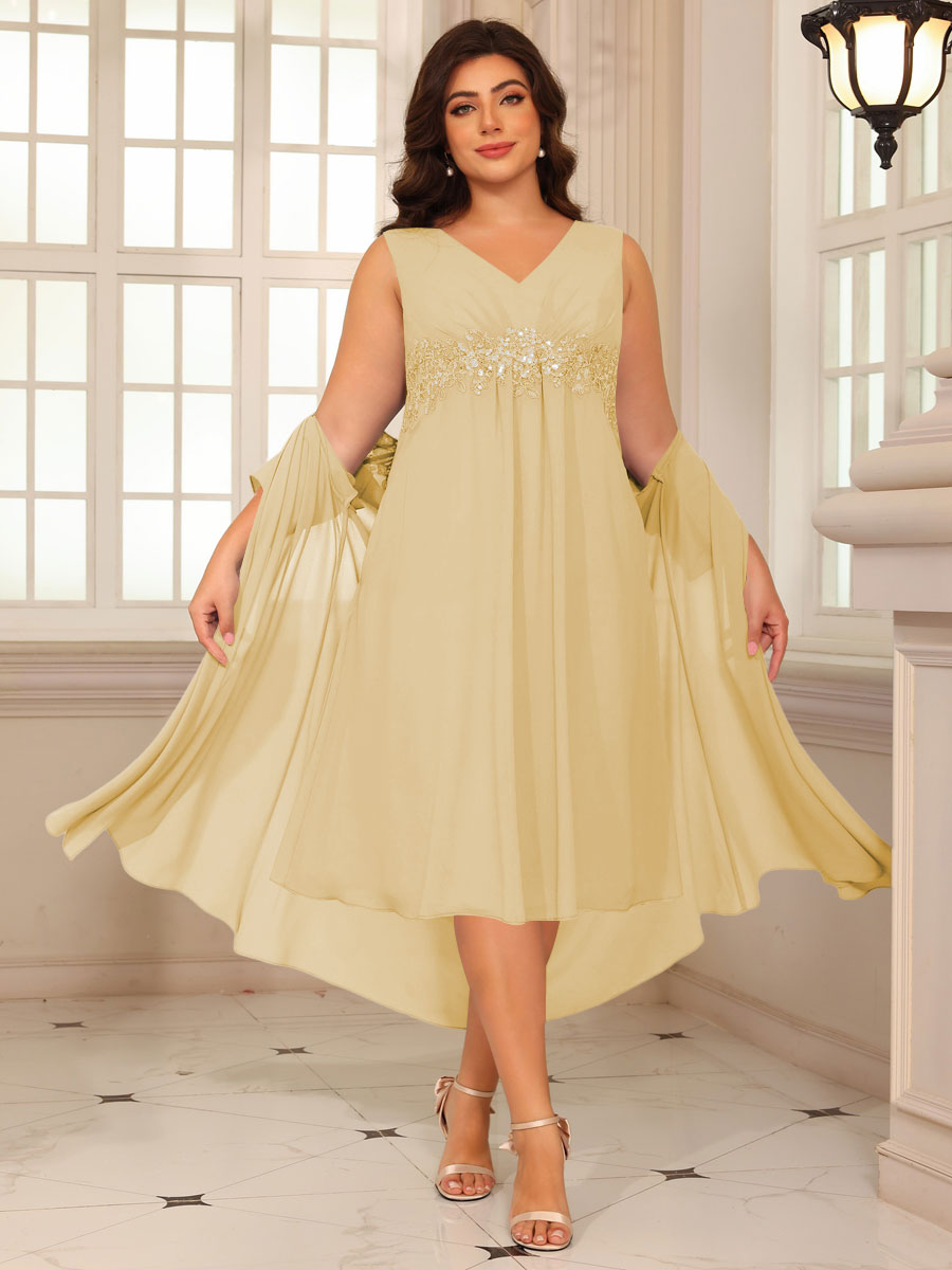 Sheath/Column Lace Appliques Two-Piece Tea-Length Mother of the Bride Dresses with Jacket