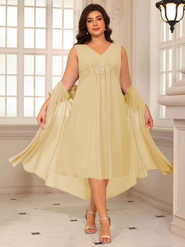 Sheath/Column Lace Appliques Two-Piece Tea-Length Mother of the Bride Dresses with Jacket