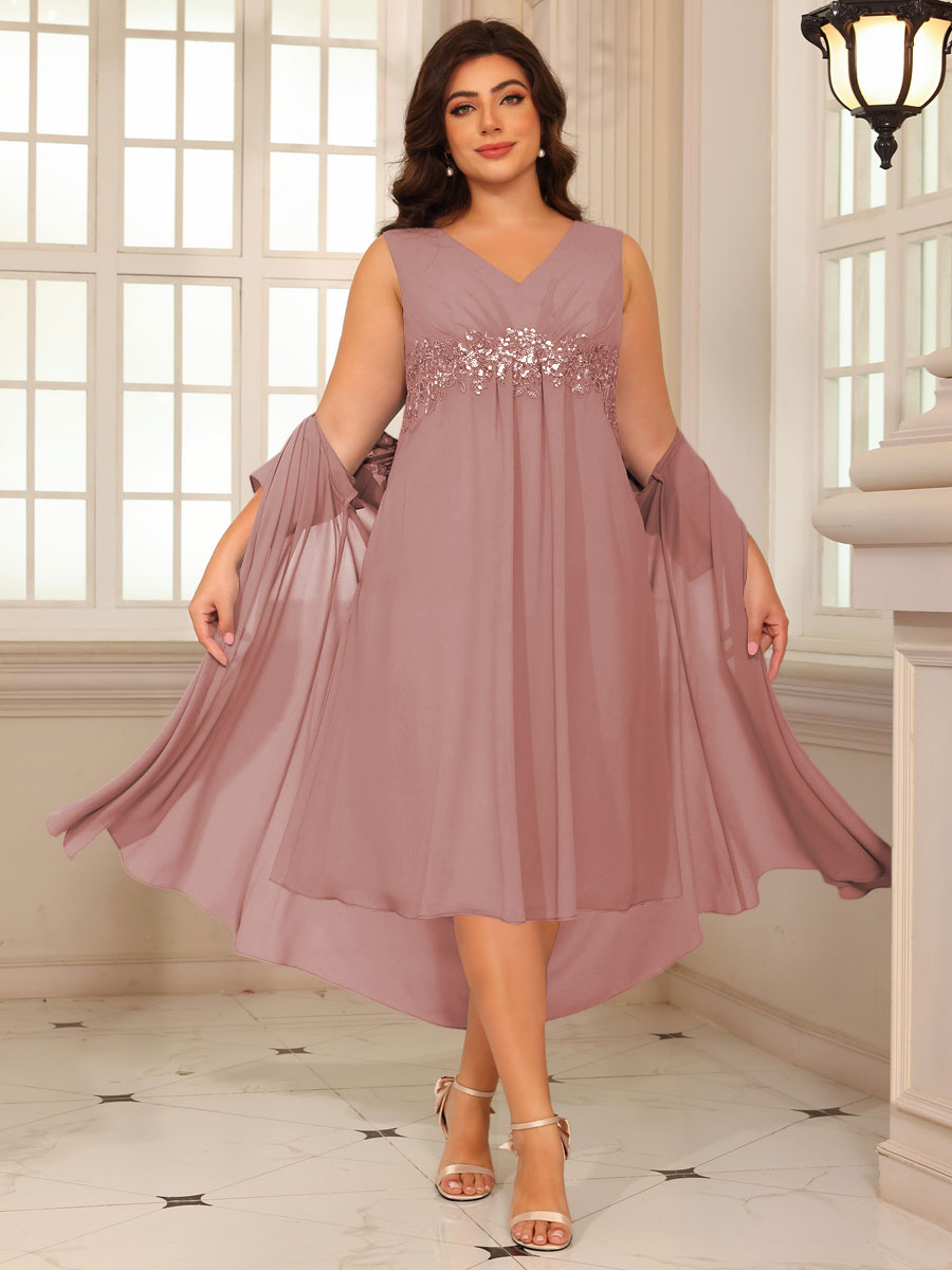 Sheath/Column Lace Appliques Two-Piece Tea-Length Mother of the Bride Dresses with Jacket