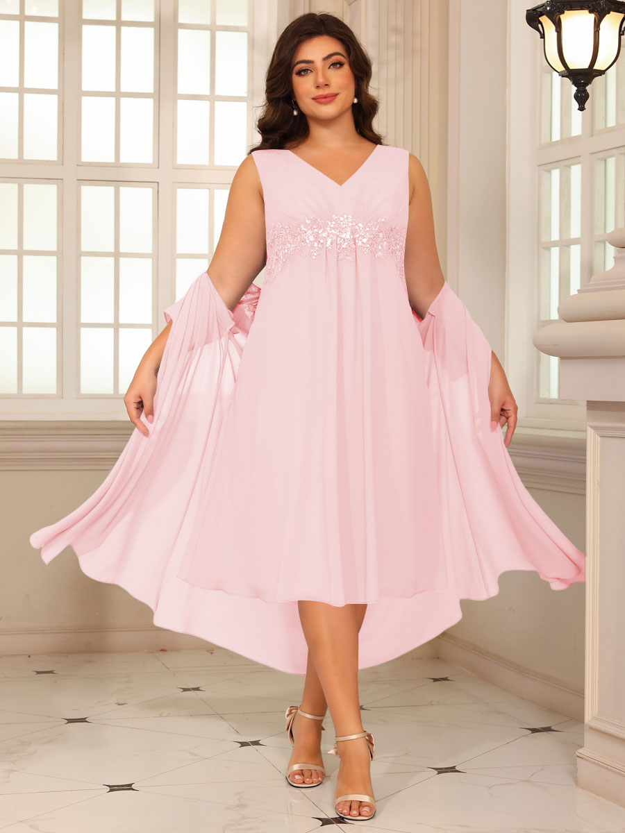 Sheath/Column Lace Appliques Two-Piece Tea-Length Mother of the Bride Dresses with Jacket