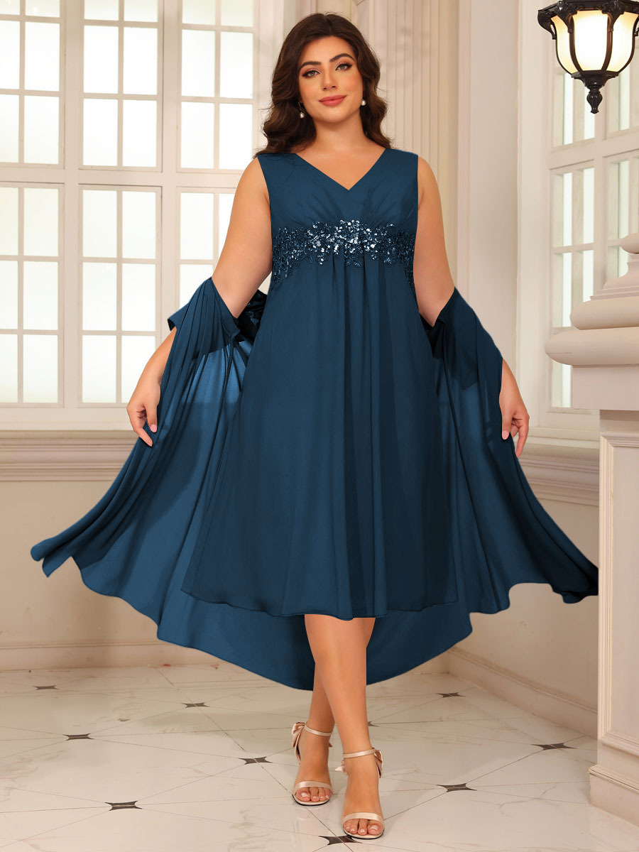 Sheath/Column Lace Appliques Two-Piece Tea-Length Mother of the Bride Dresses with Jacket