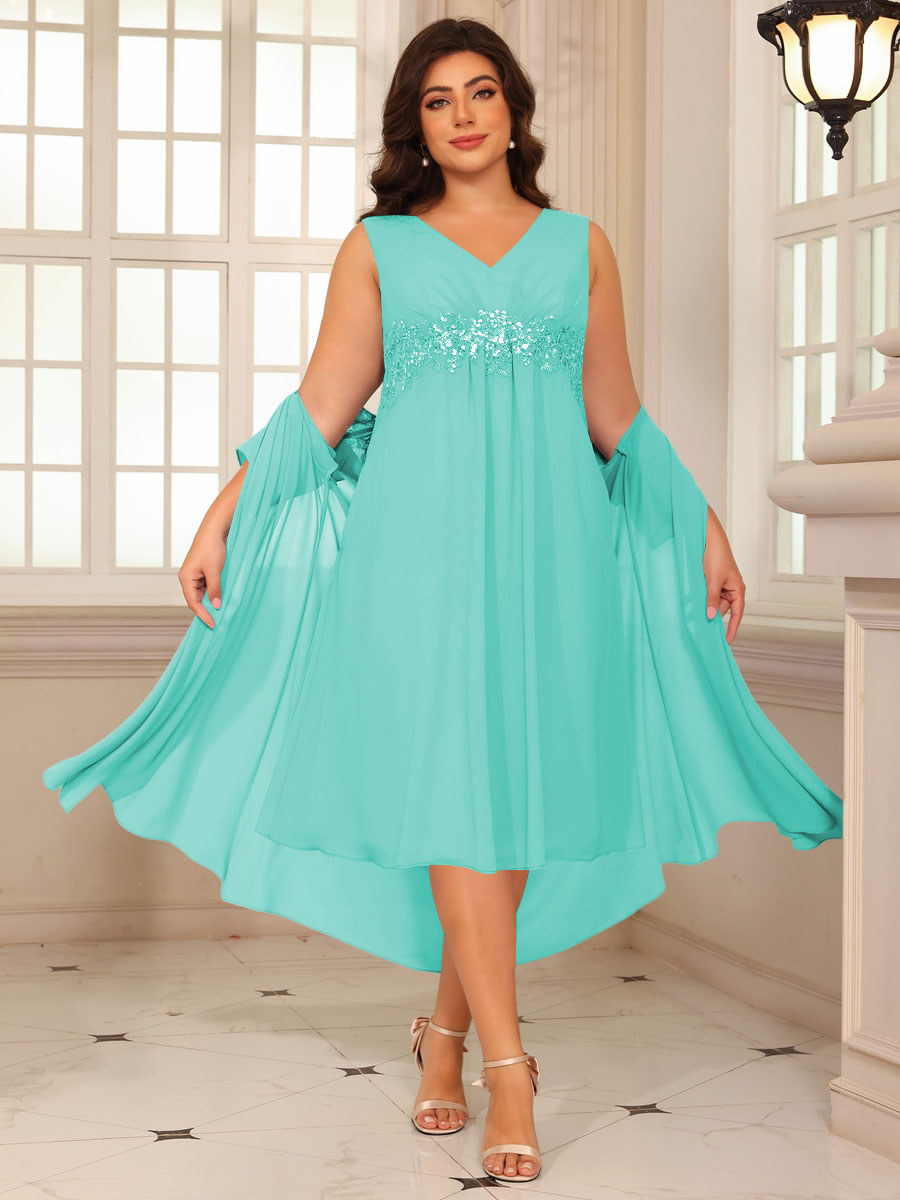 Sheath/Column Lace Appliques Two-Piece Tea-Length Mother of the Bride Dresses with Jacket