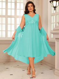 Sheath/Column Lace Appliques Two-Piece Tea-Length Mother of the Bride Dresses with Jacket