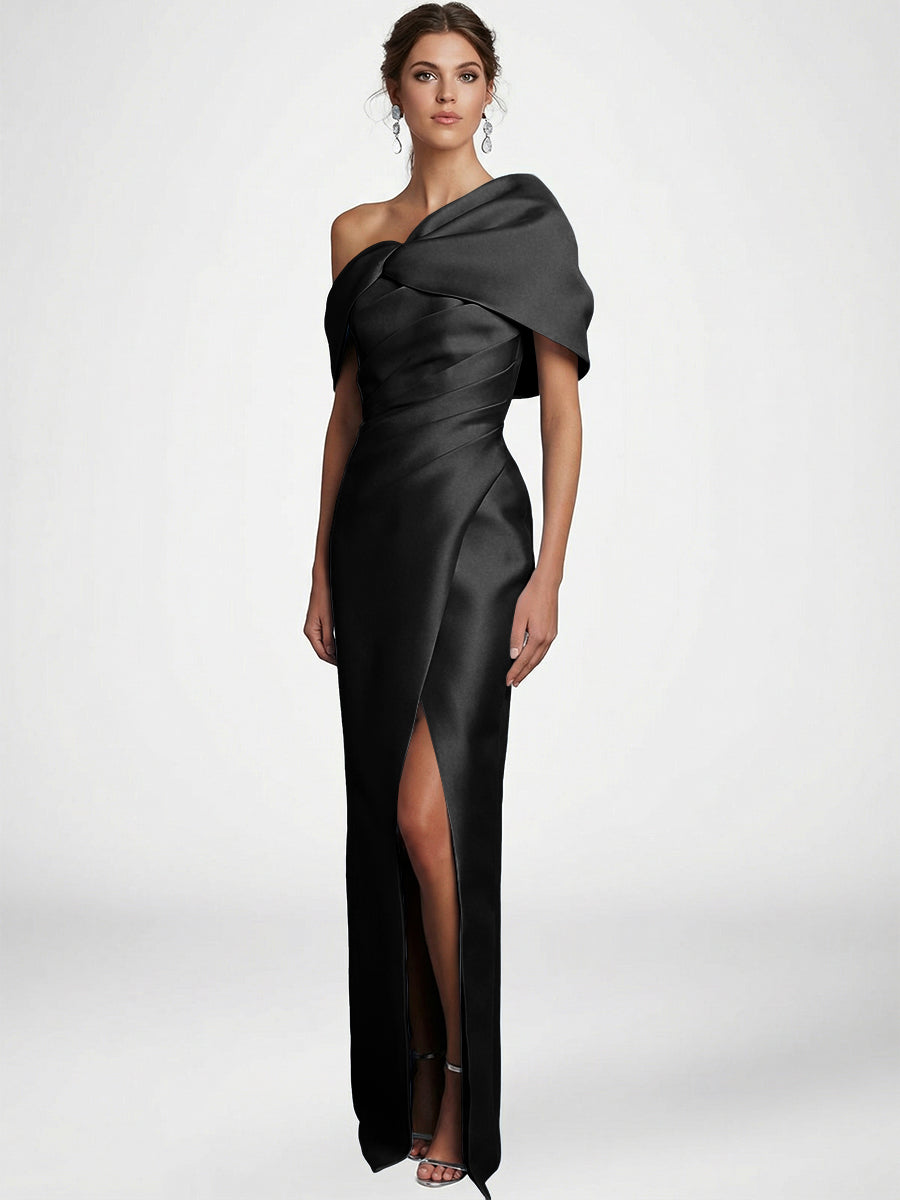 Sheath/Column Asymmetrical Floor-Length Pleated Mother of the Bride Dresses with Slit