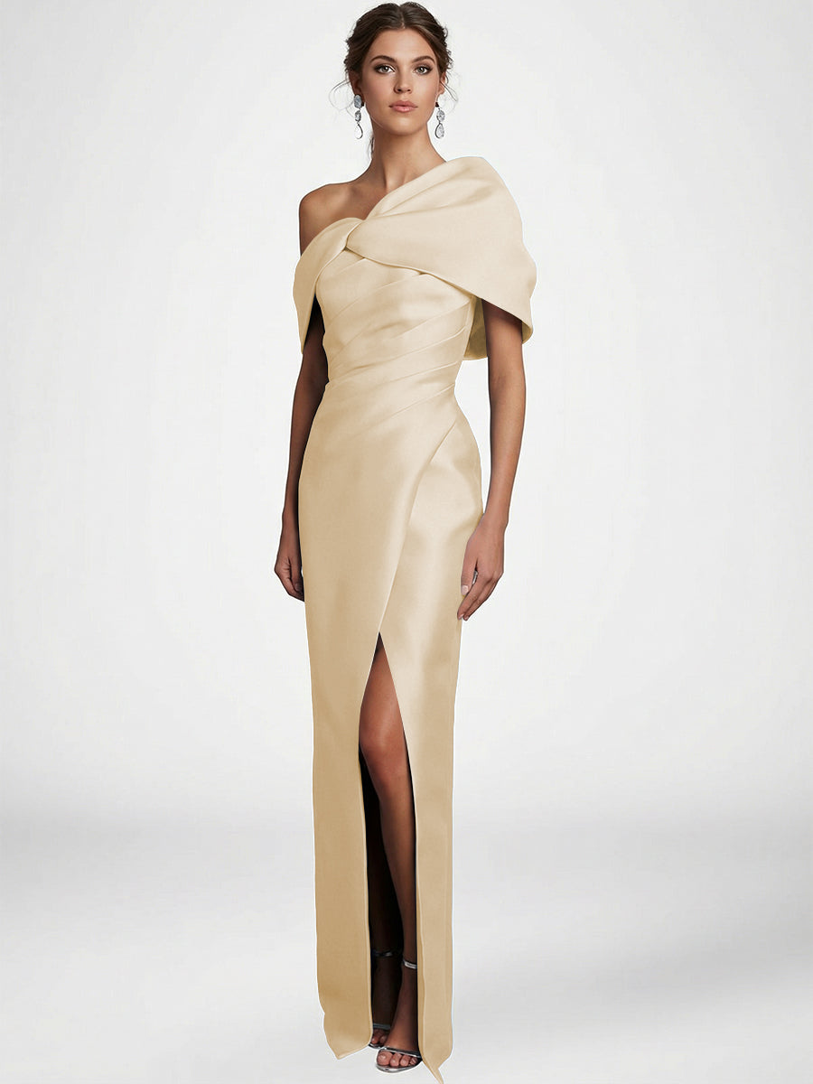 Sheath/Column Asymmetrical Floor-Length Pleated Mother of the Bride Dresses with Slit