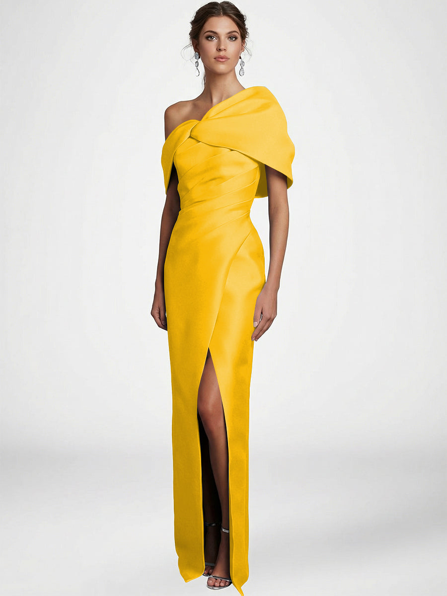 Sheath/Column Asymmetrical Floor-Length Pleated Mother of the Bride Dresses with Slit