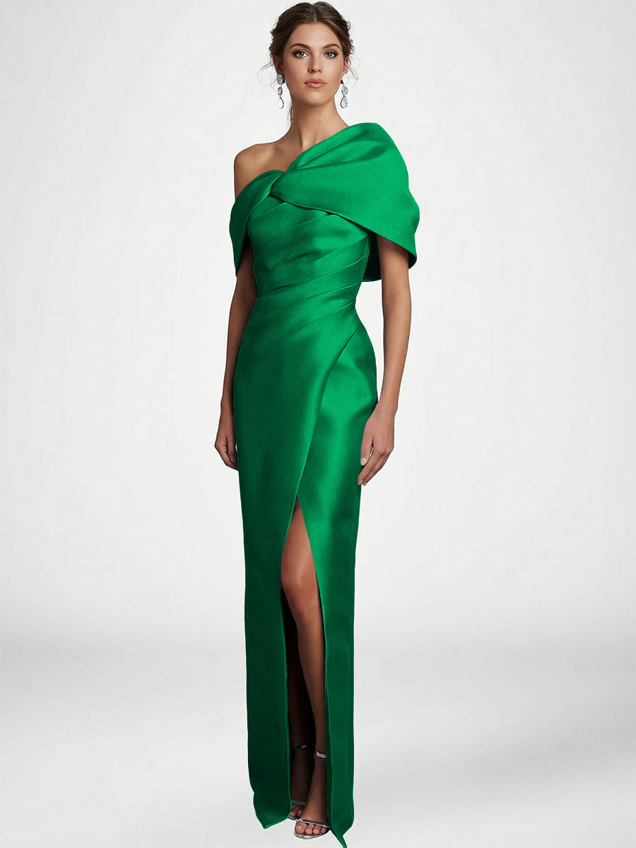 Sheath/Column Asymmetrical Floor-Length Pleated Mother of the Bride Dresses with Slit