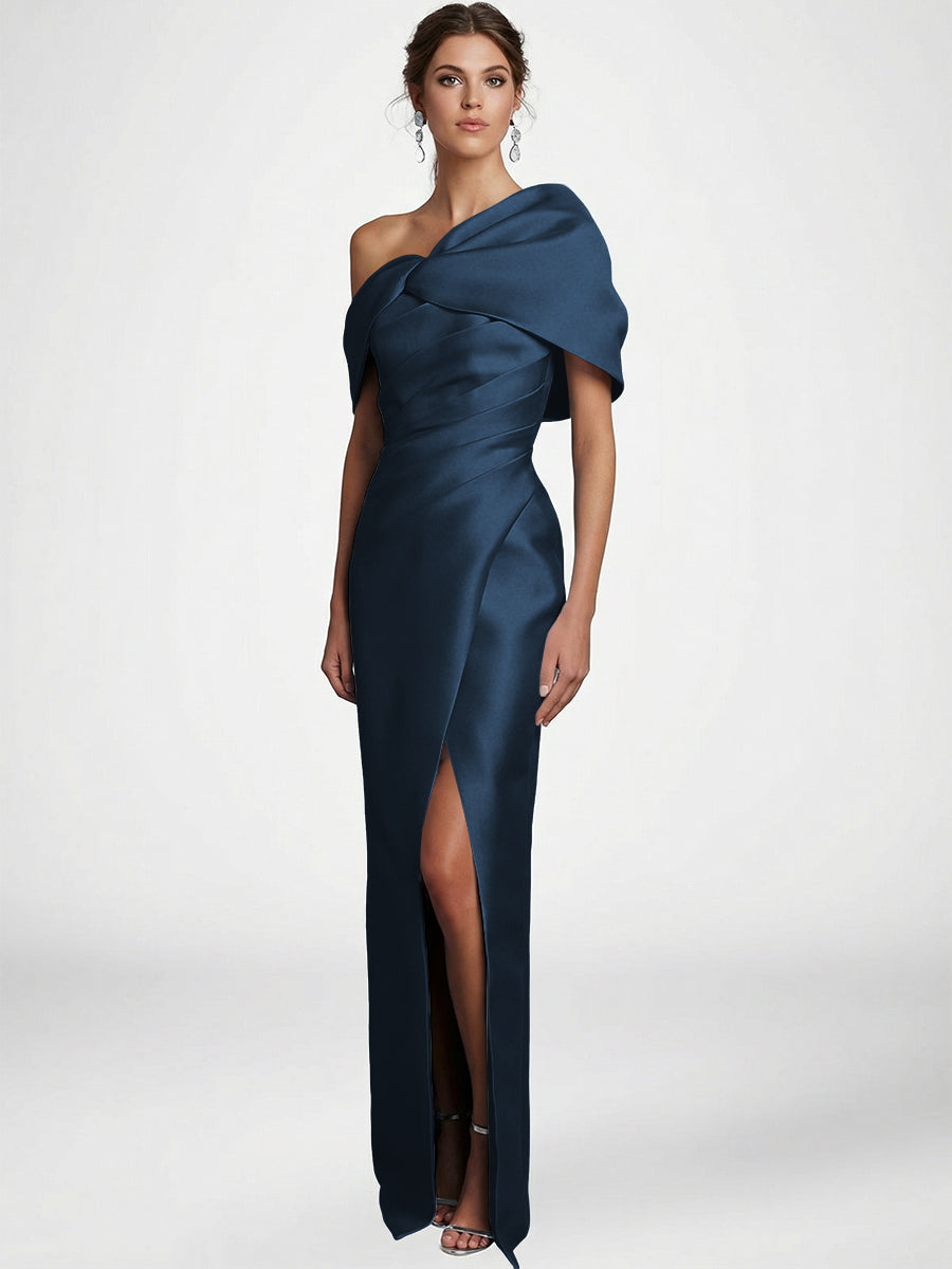 Sheath/Column Asymmetrical Floor-Length Pleated Mother of the Bride Dresses with Slit