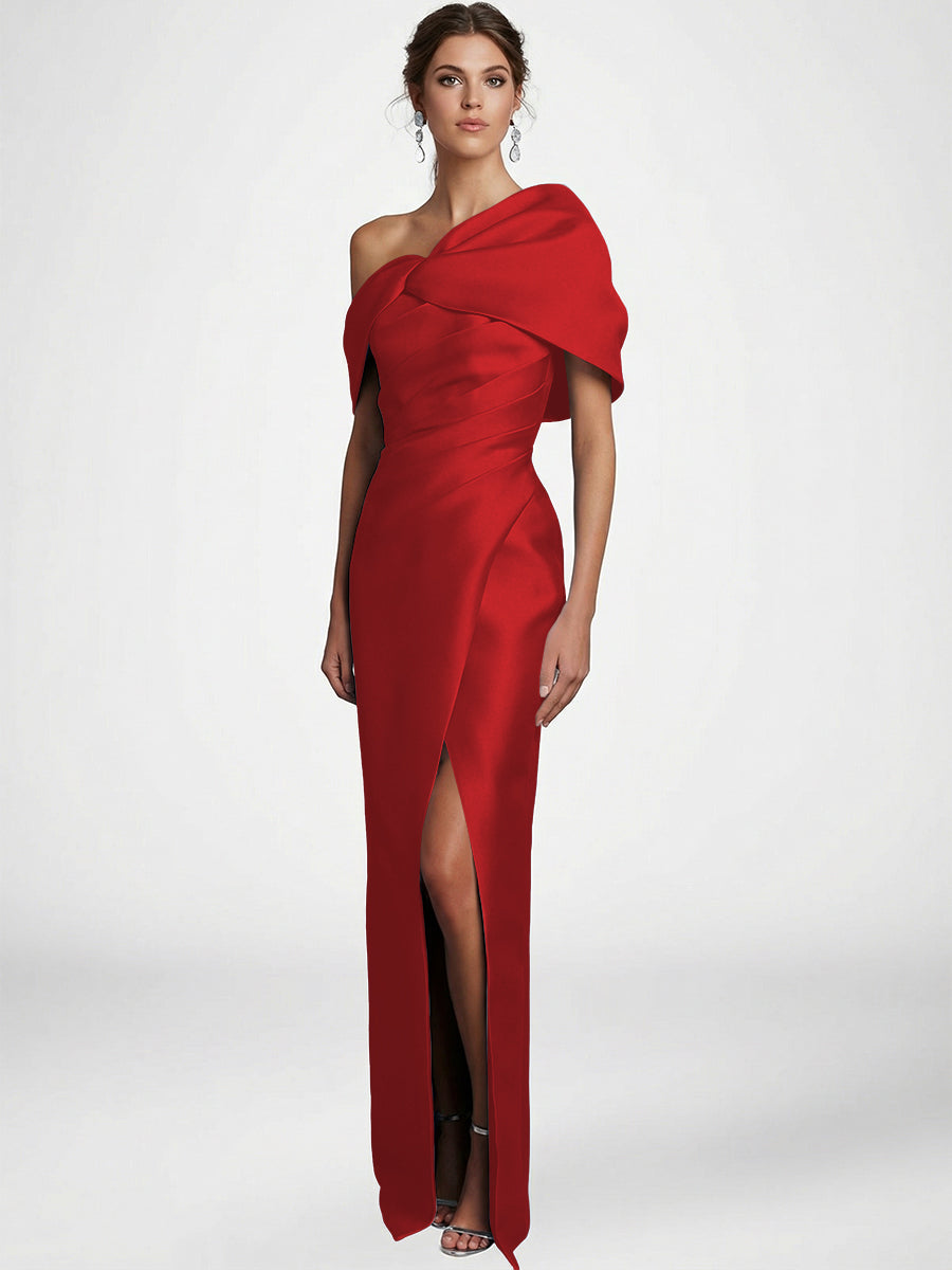 Sheath/Column Asymmetrical Floor-Length Pleated Mother of the Bride Dresses with Slit