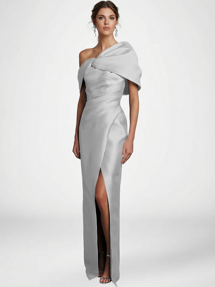 Sheath/Column Asymmetrical Floor-Length Pleated Mother of the Bride Dresses with Slit