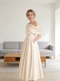 A-Line/Princess Asymmetrical Pleated Satin Tea-Length Mother of the Bride Dresses with Pockets