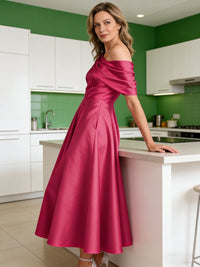 A-Line/Princess Asymmetrical Pleated Satin Tea-Length Mother of the Bride Dresses with Pockets
