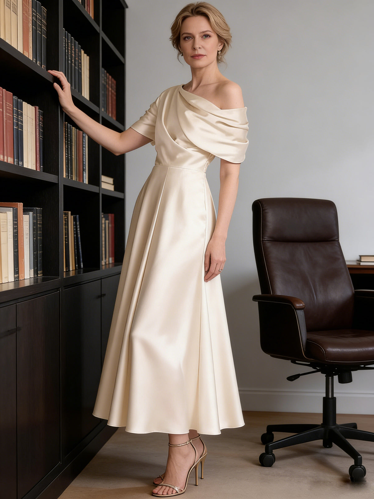 A-Line/Princess Asymmetrical Pleated Satin Tea-Length Mother of the Bride Dresses with Pockets