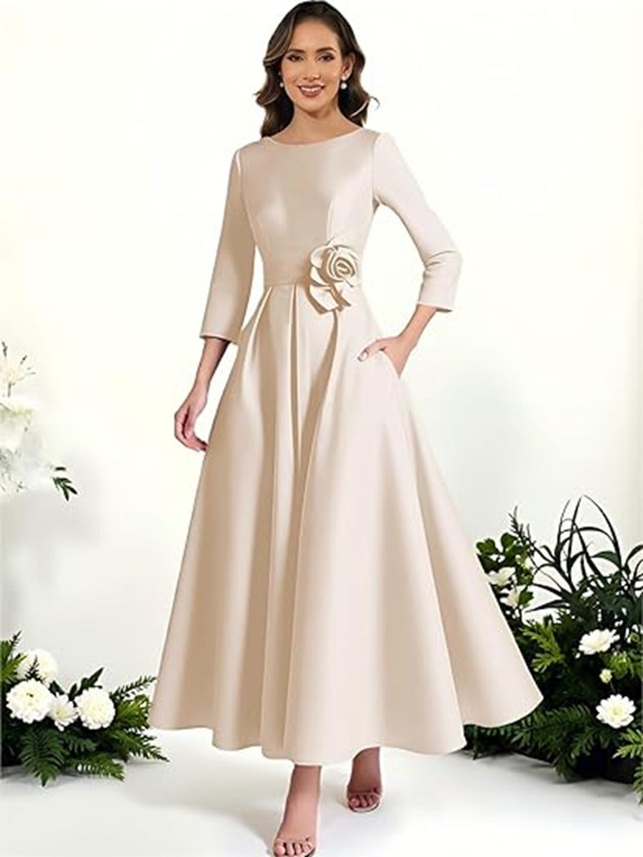 A-Line/Princess Scoop Neck 3/4 Sleeves Tea-Length Mother of the Bride Dresses with Flower