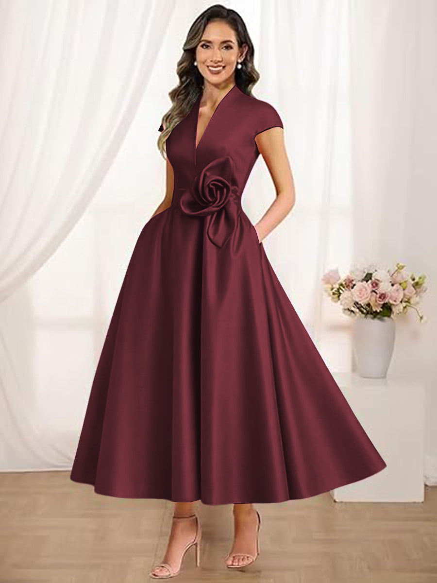 A-Line/Princess V-Neck Tea-Length Mother of the Bride Dresses with Flower