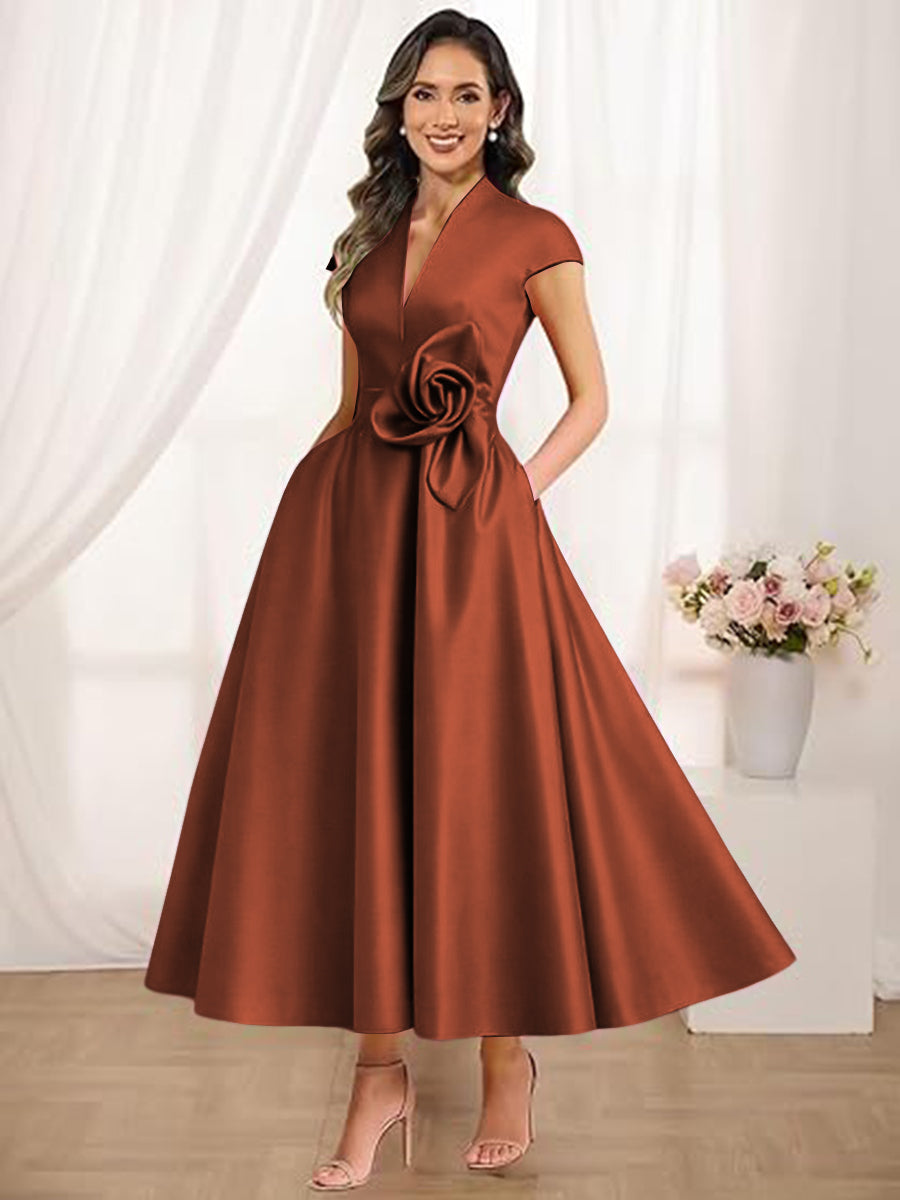 A-Line/Princess V-Neck Tea-Length Mother of the Bride Dresses with Flower