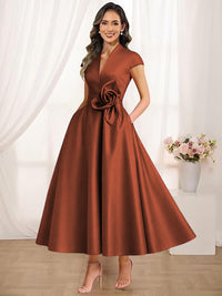 A-Line/Princess V-Neck Tea-Length Mother of the Bride Dresses with Flower