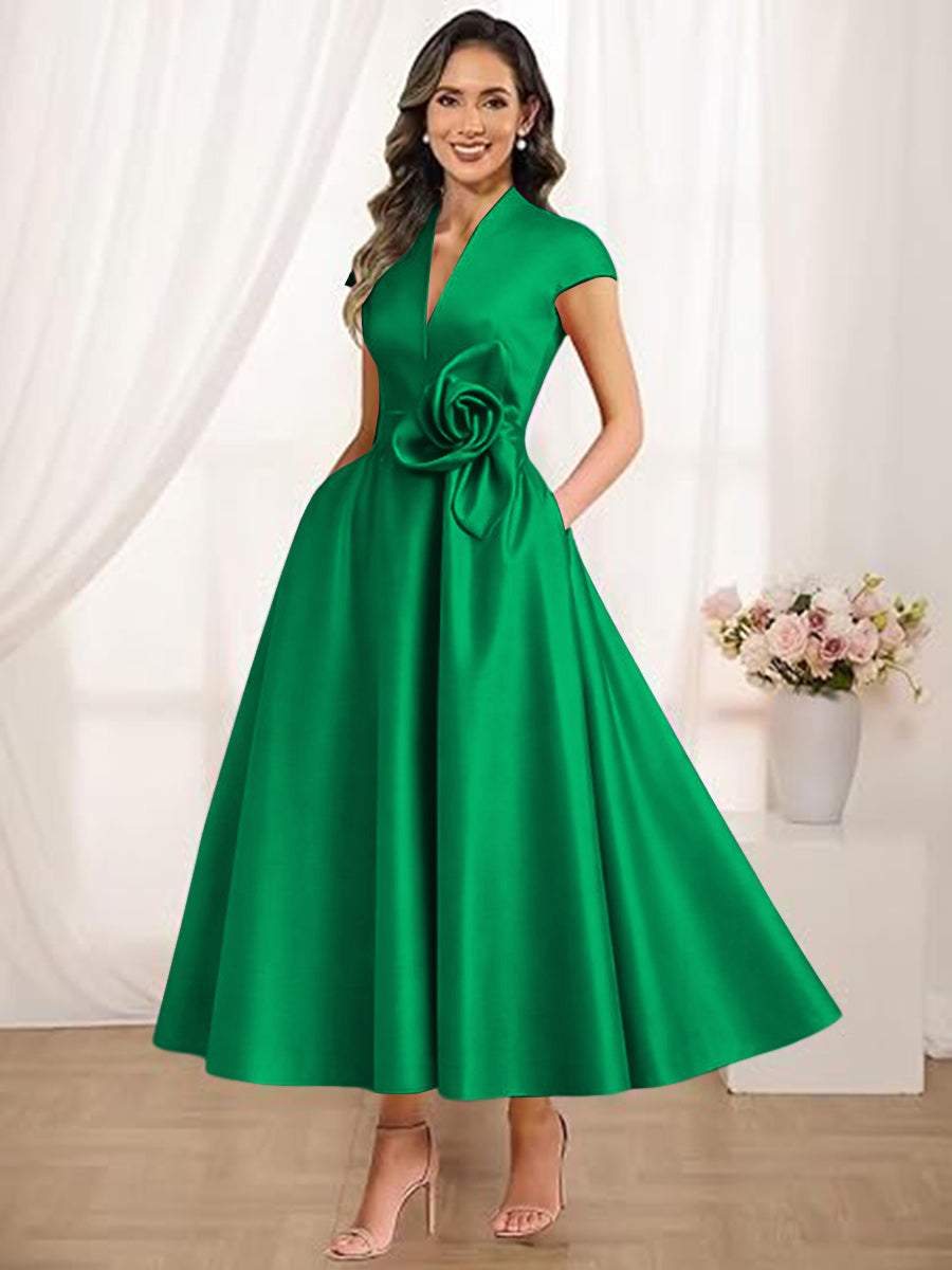 A-Line/Princess V-Neck Tea-Length Mother of the Bride Dresses with Flower