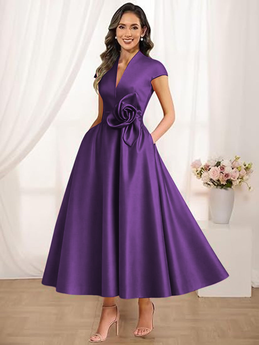 A-Line/Princess V-Neck Tea-Length Mother of the Bride Dresses with Flower