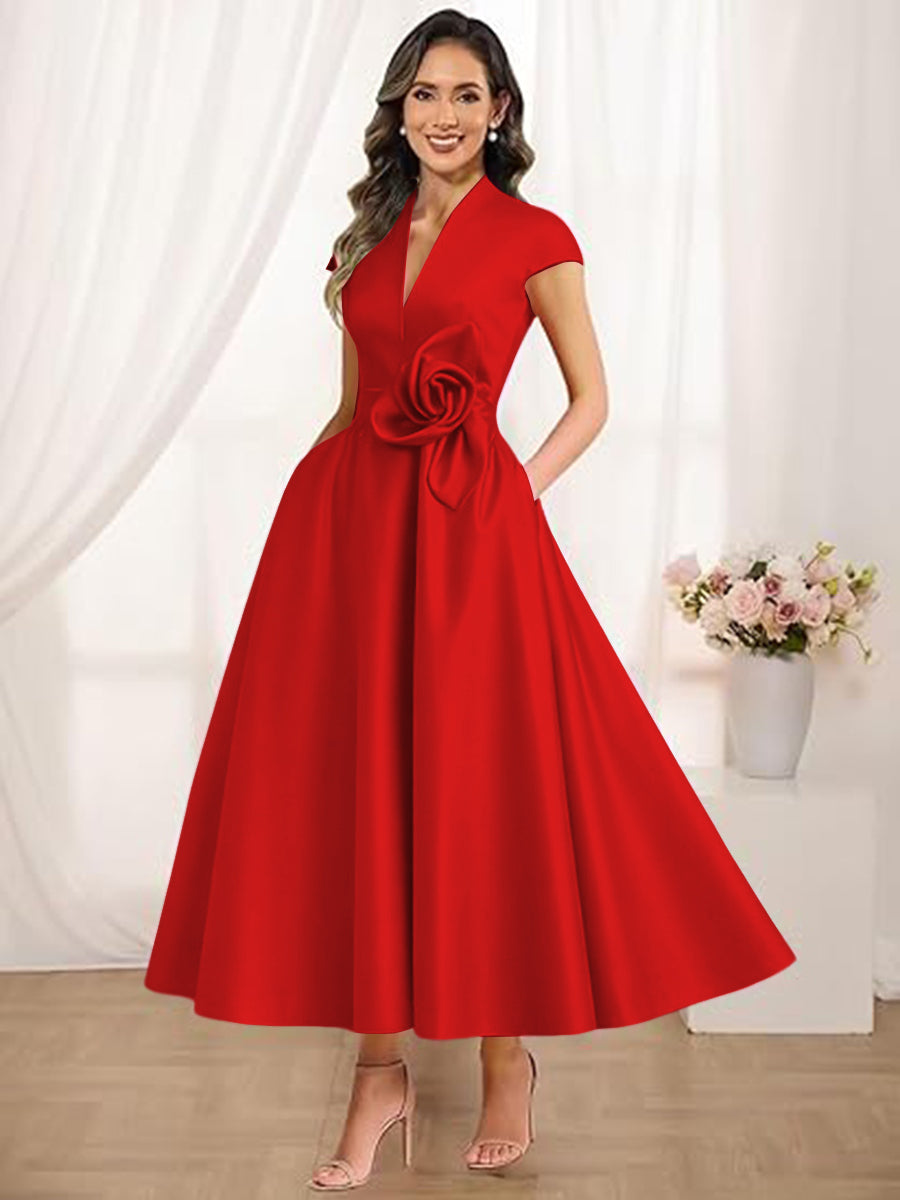 A-Line/Princess V-Neck Tea-Length Mother of the Bride Dresses with Flower