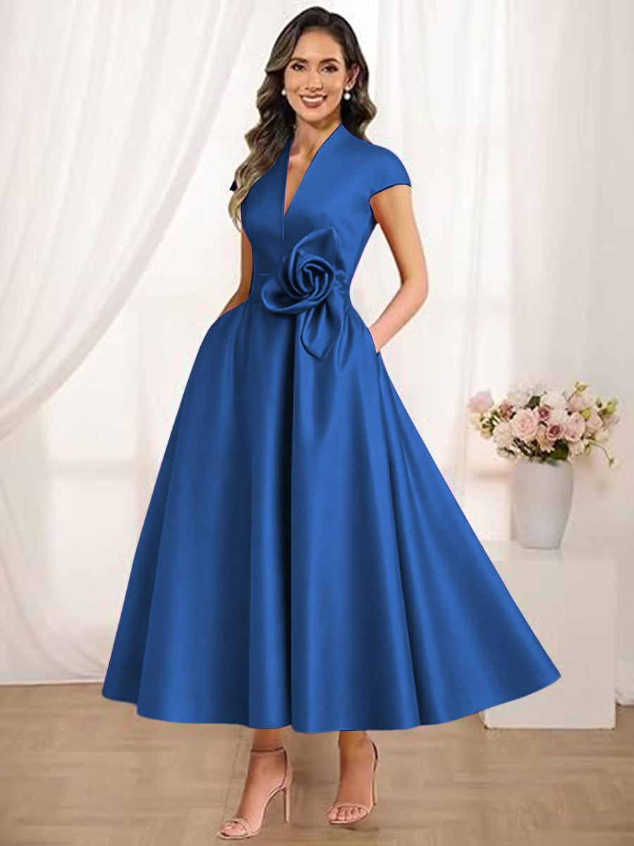 A-Line/Princess V-Neck Tea-Length Mother of the Bride Dresses with Flower
