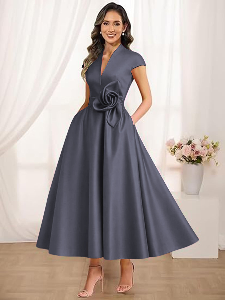 Shirees Stormy Blue A-Line/Princess V-Neck Tea-Length Mother of the Bride Dresses with Flower 2026
