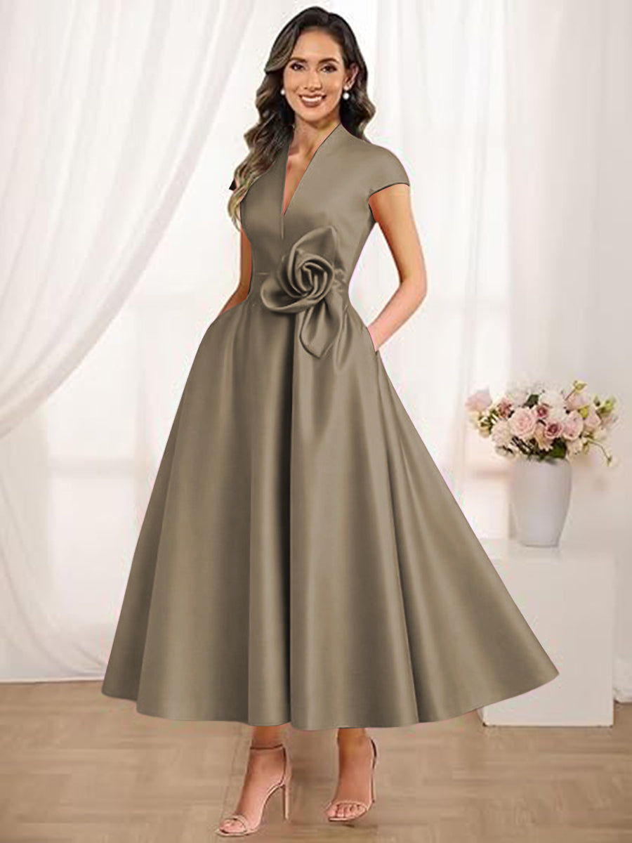 A-Line/Princess V-Neck Tea-Length Mother of the Bride Dresses with Flower
