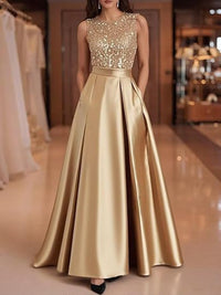 A-Line/Princess Scoop Neck Pleated Satin Evening Dresses with Sequins