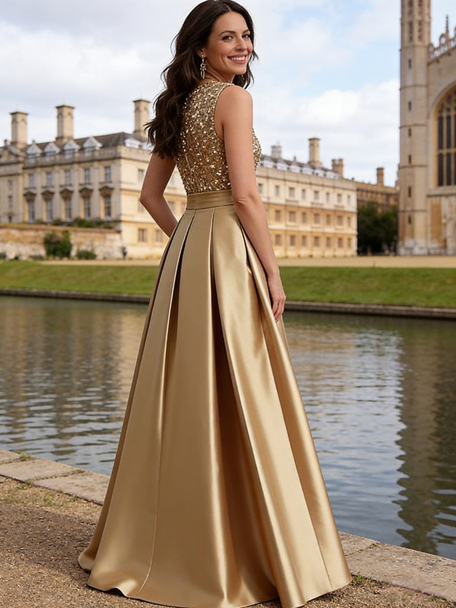A-Line/Princess Scoop Neck Pleated Satin Evening Dresses with Sequins